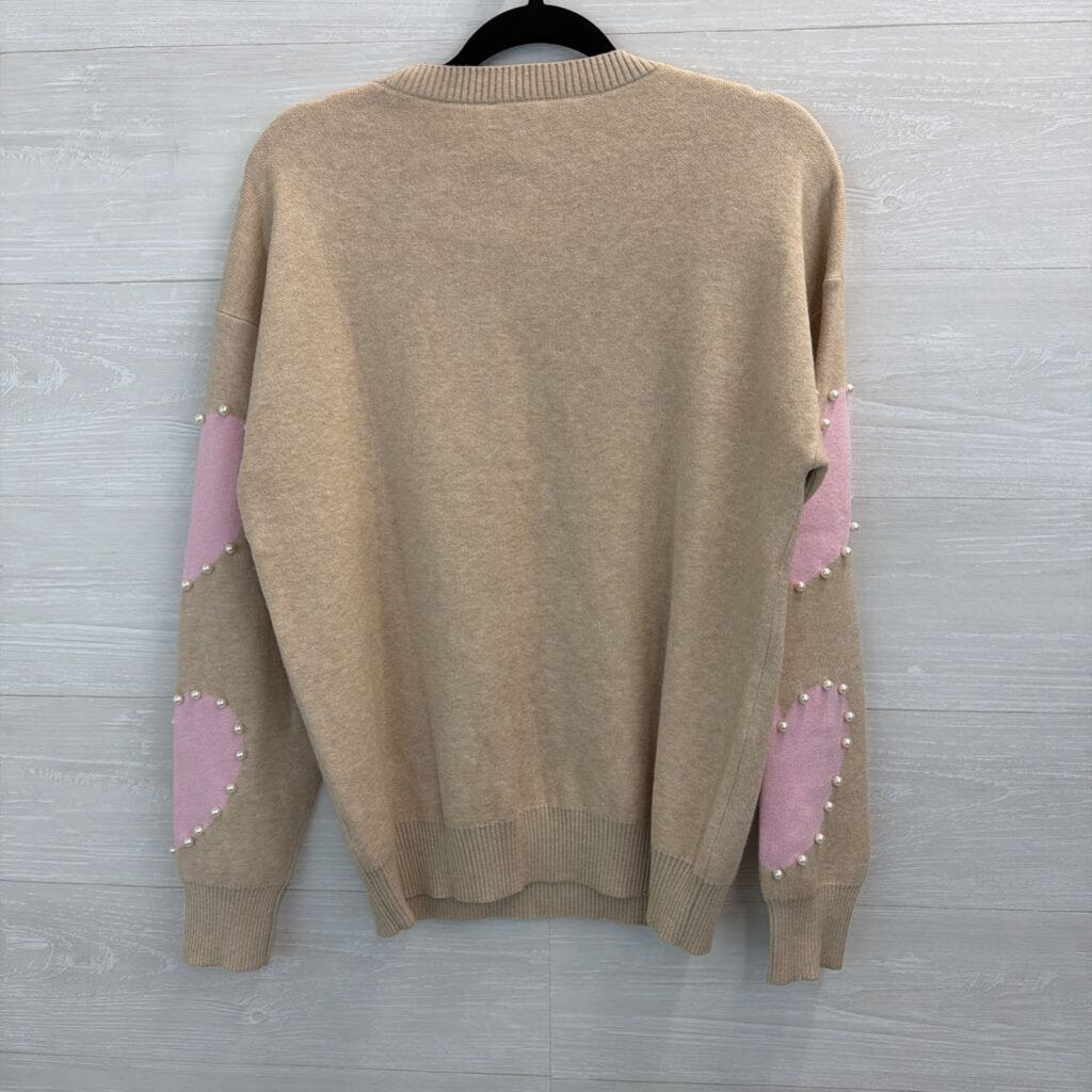 Beige/ Pink Pearl Outline Heart Print Sweater Top Large