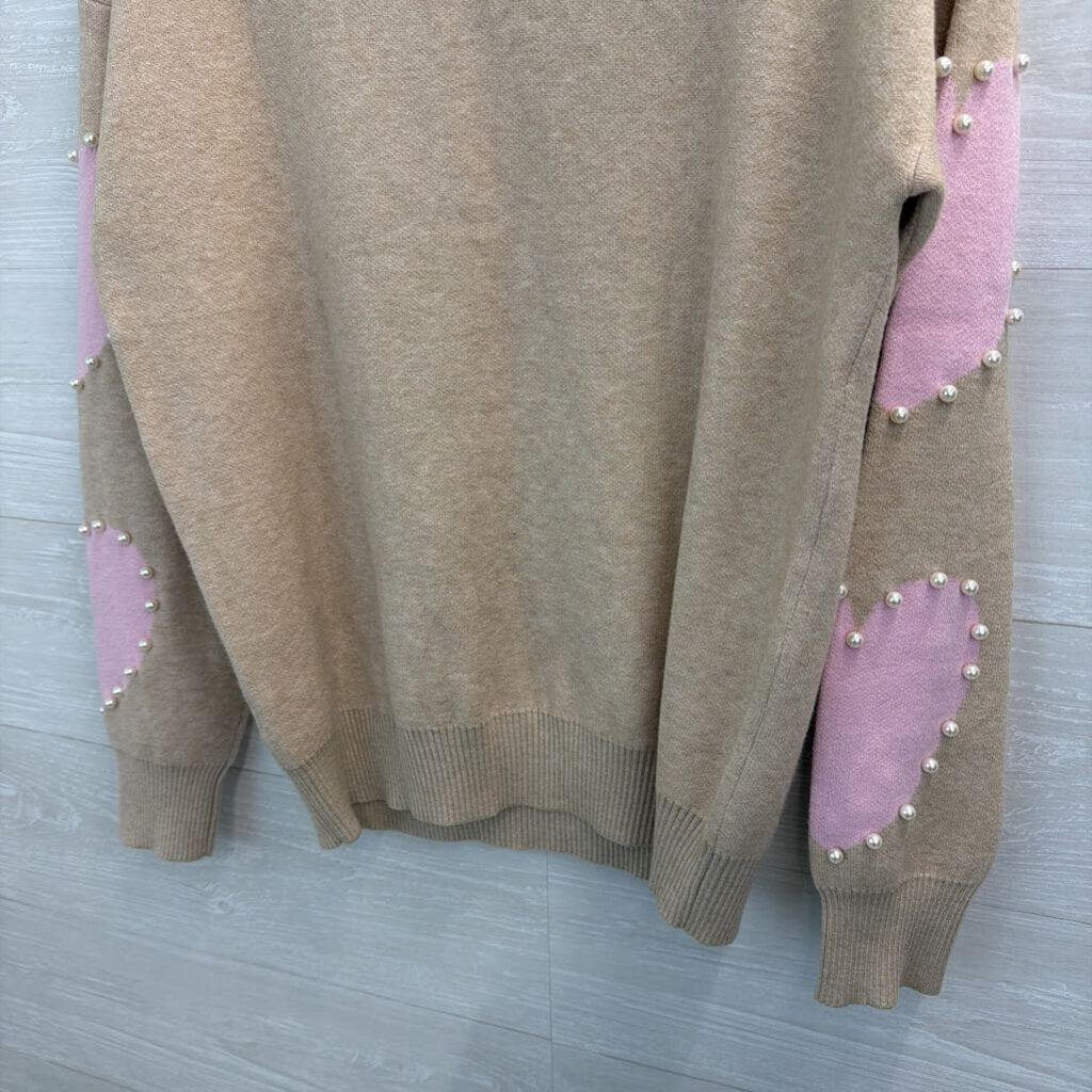 Beige/ Pink Pearl Outline Heart Print Sweater Top Large