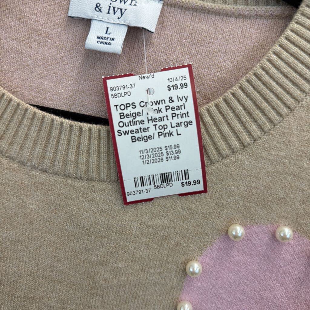 Beige/ Pink Pearl Outline Heart Print Sweater Top Large