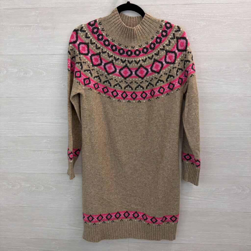 Loft Brown/ Pink Print Long Sleeve Mock Neck Sweater Dress Medium