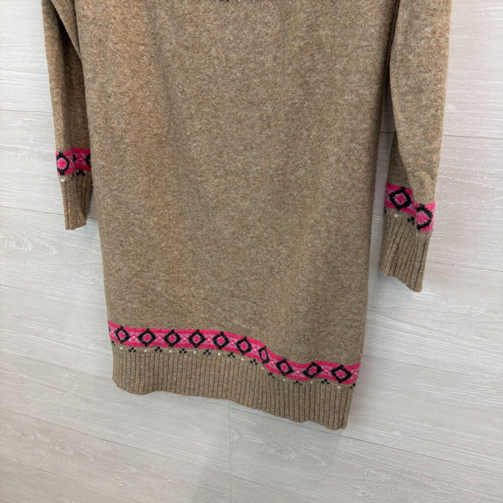 Loft Brown/ Pink Print Long Sleeve Mock Neck Sweater Dress Medium