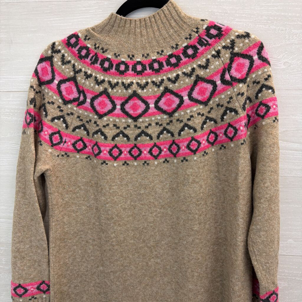 Loft Brown/ Pink Print Long Sleeve Mock Neck Sweater Dress Medium