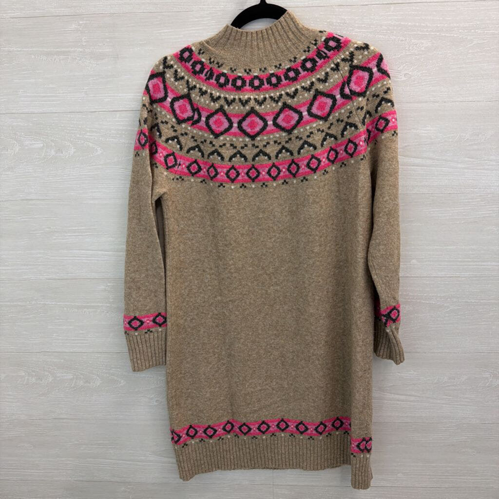 Loft Brown/ Pink Print Long Sleeve Mock Neck Sweater Dress Medium
