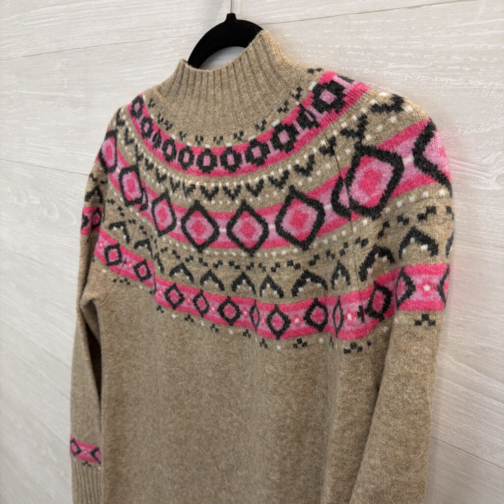 Loft Brown/ Pink Print Long Sleeve Mock Neck Sweater Dress Medium