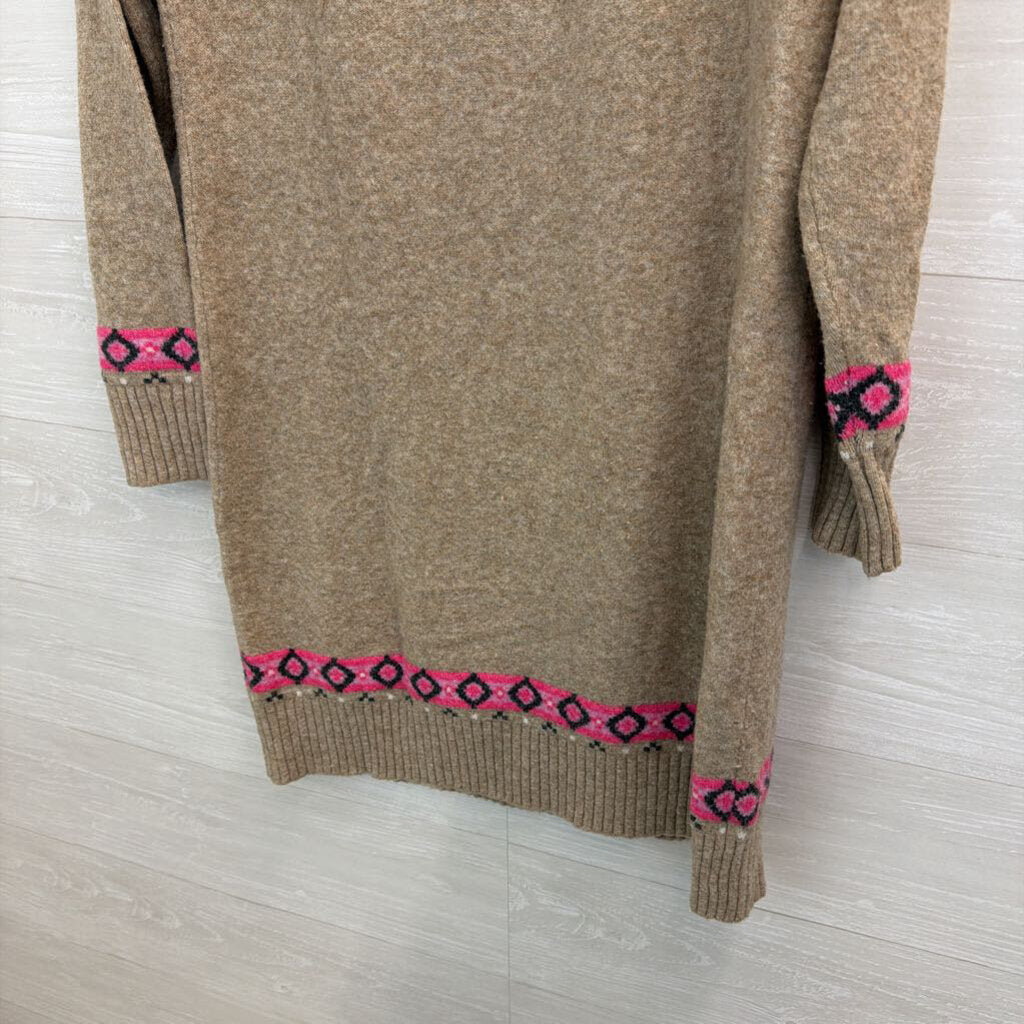 Loft Brown/ Pink Print Long Sleeve Mock Neck Sweater Dress Medium