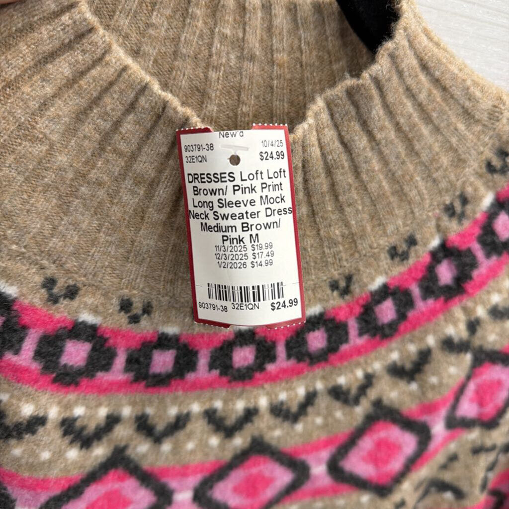 Loft Brown/ Pink Print Long Sleeve Mock Neck Sweater Dress Medium