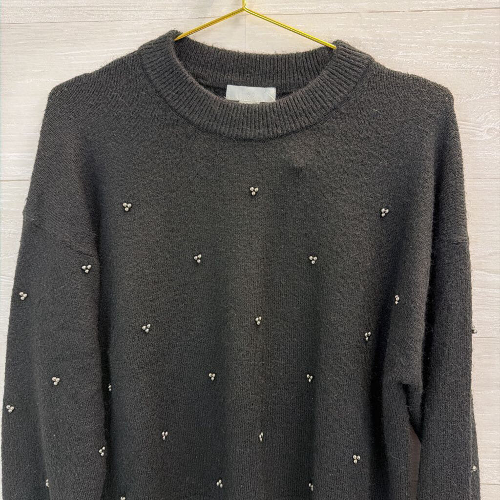 Black Knit Beaded Detail Long Sleeve Sweater Top Medium