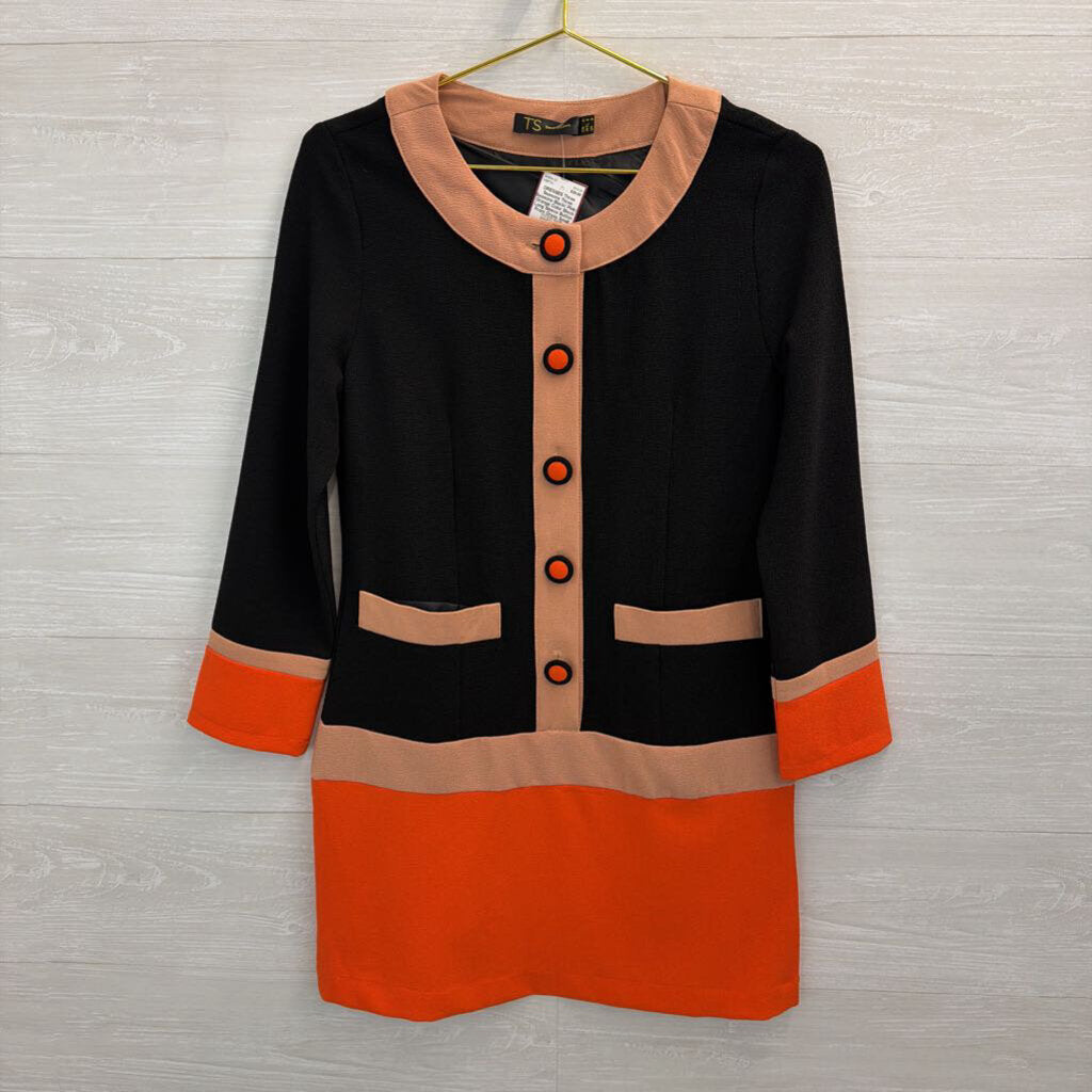 Three Seasons Black/ Pink/ Orange Color Block Long Sleeve Button Front Dress Small