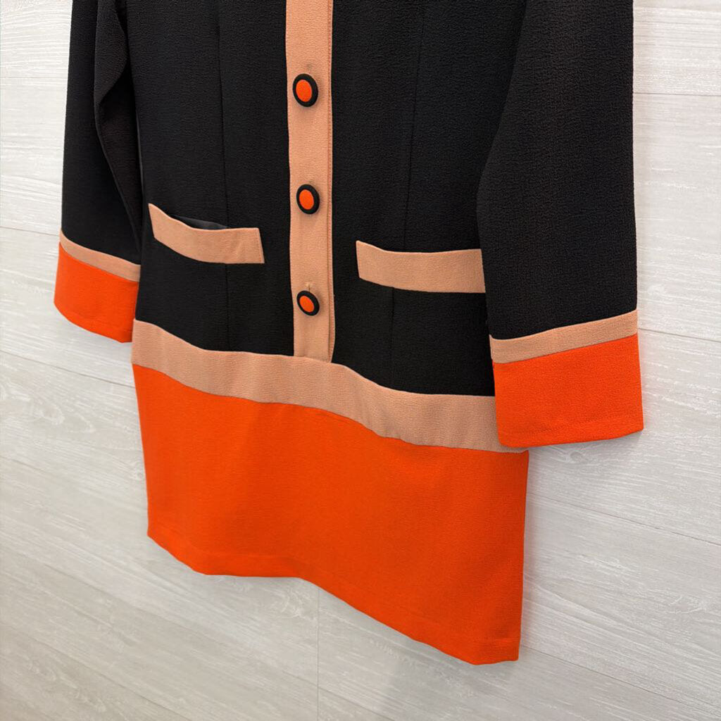 Three Seasons Black/ Pink/ Orange Color Block Long Sleeve Button Front Dress Small