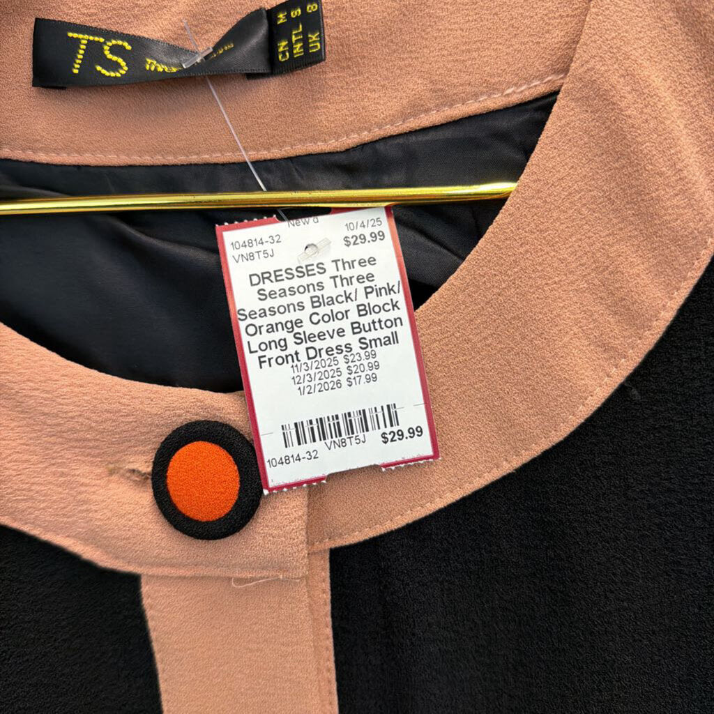 Three Seasons Black/ Pink/ Orange Color Block Long Sleeve Button Front Dress Small