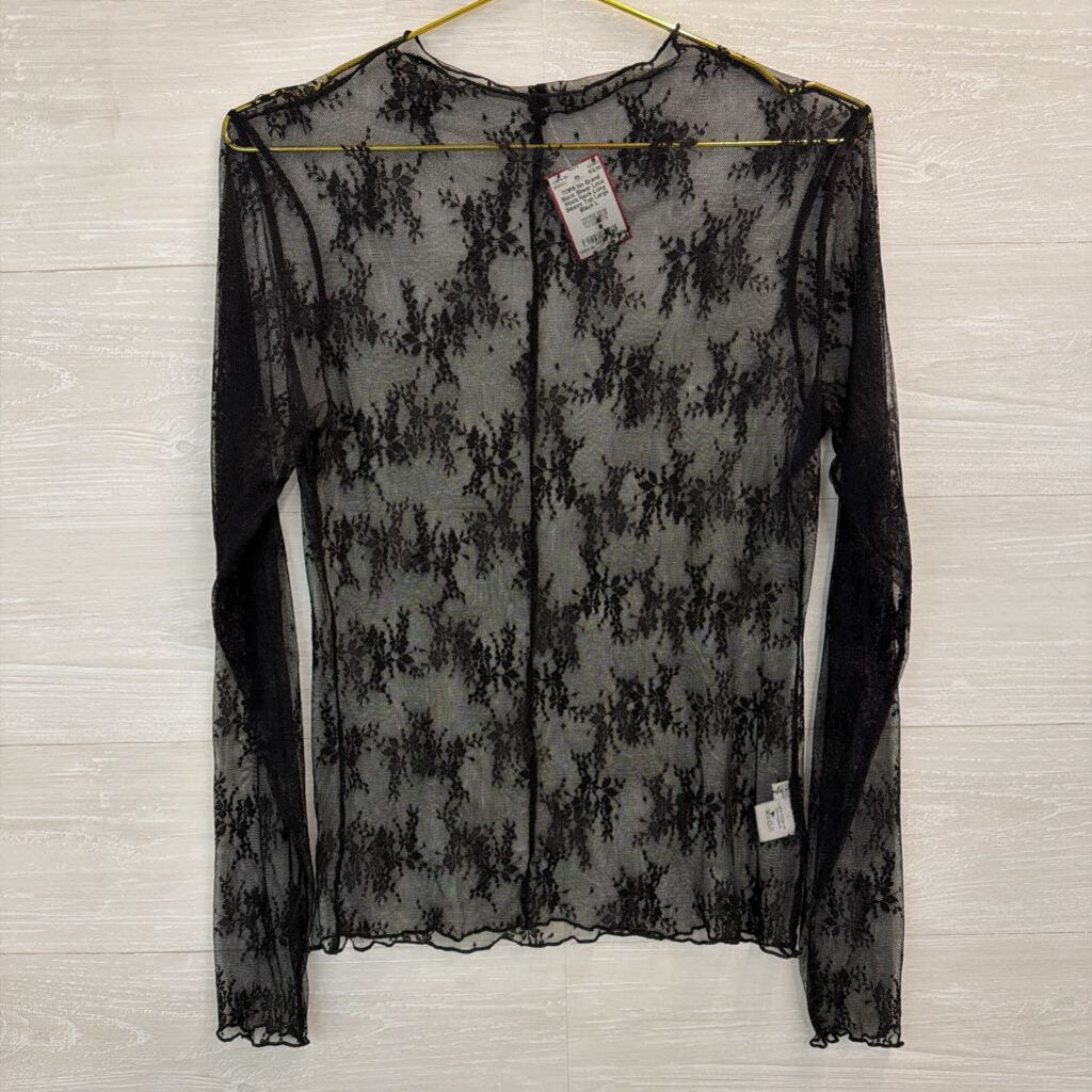 Black Sheer Lace Mock Neck Long Sleeve Top Large