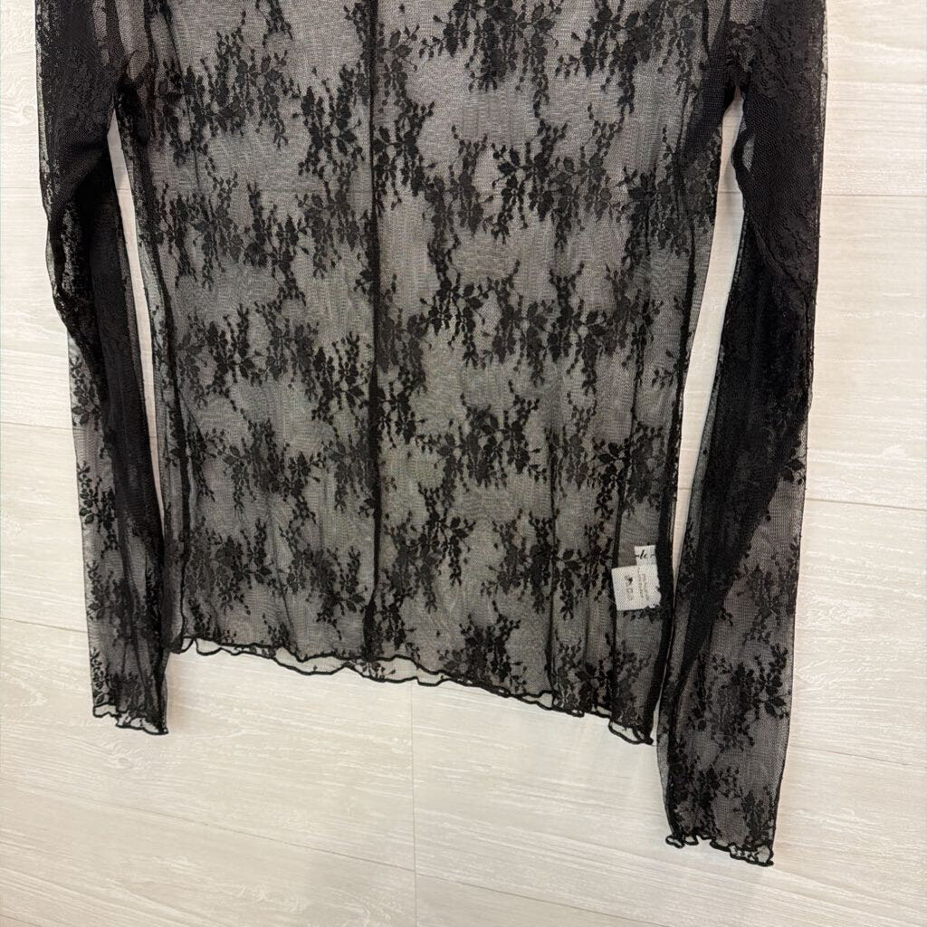 Black Sheer Lace Mock Neck Long Sleeve Top Large