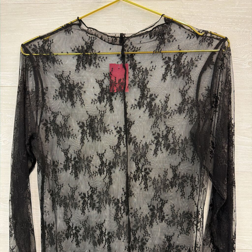 Black Sheer Lace Mock Neck Long Sleeve Top Large
