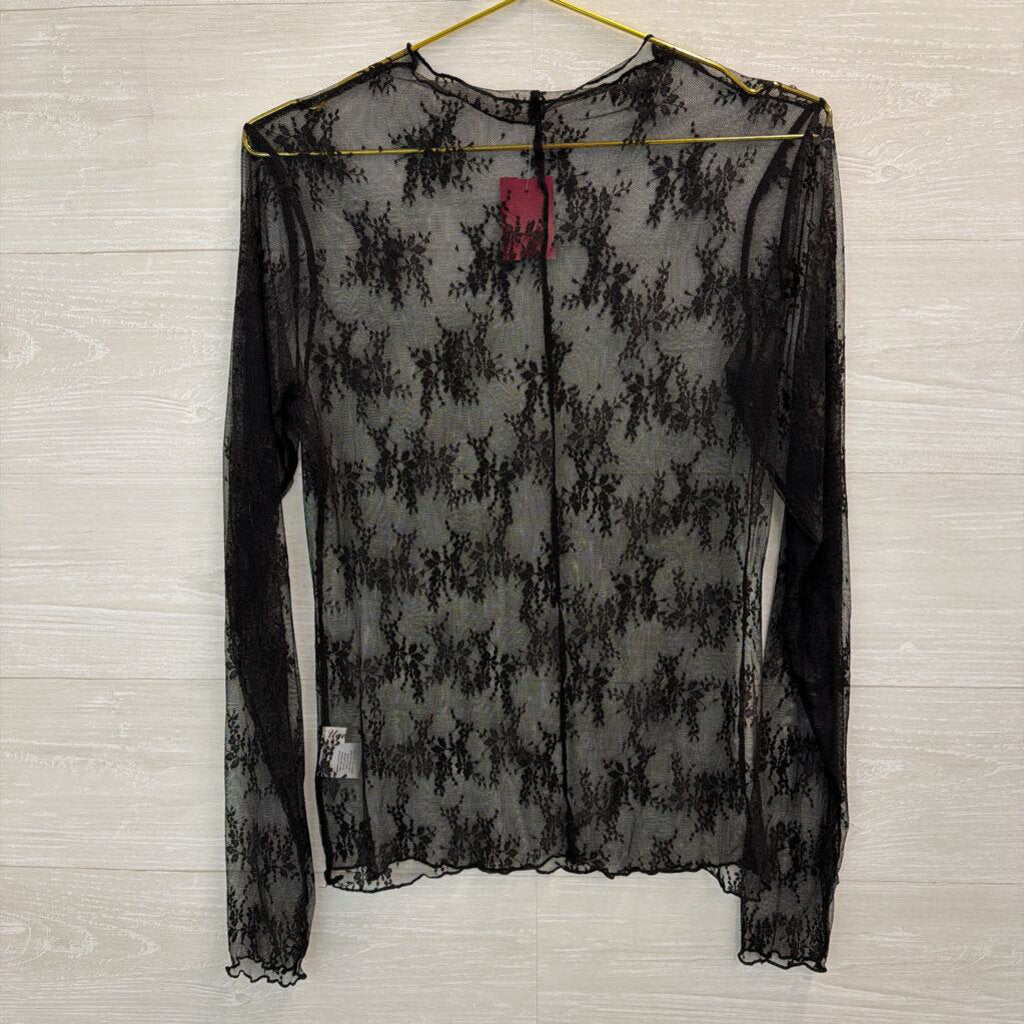 Black Sheer Lace Mock Neck Long Sleeve Top Large