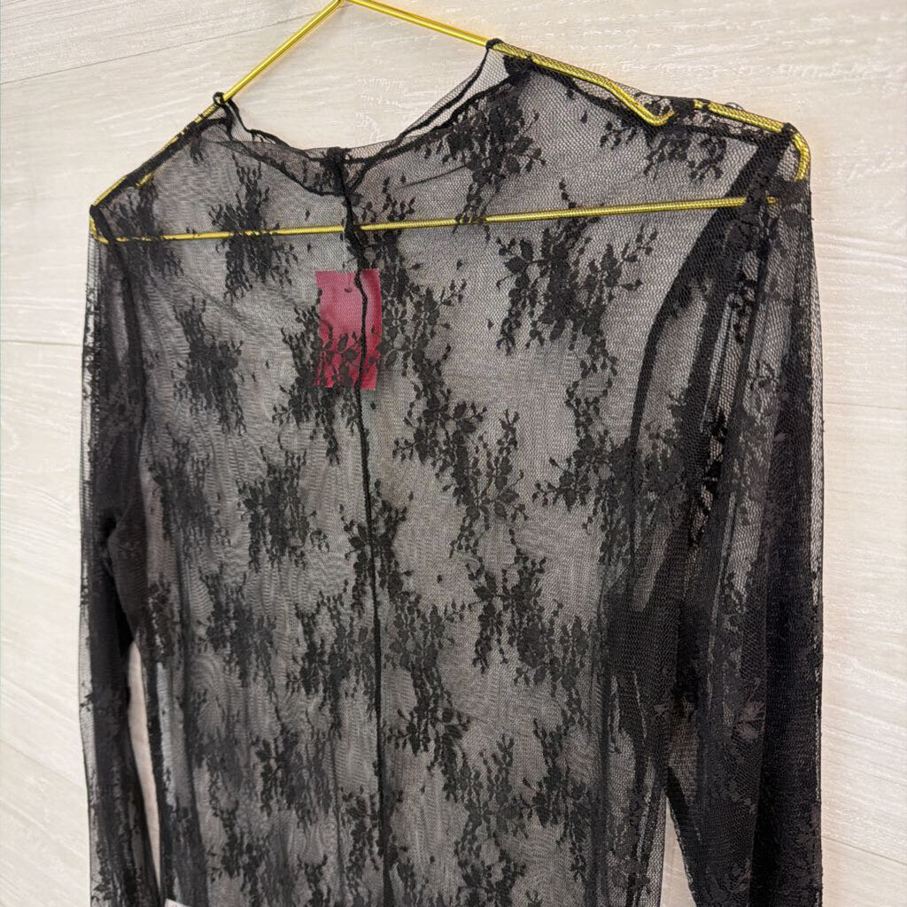 Black Sheer Lace Mock Neck Long Sleeve Top Large