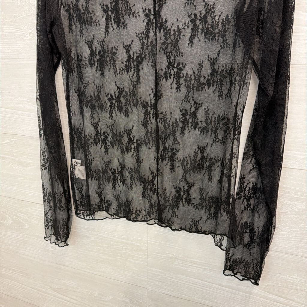 Black Sheer Lace Mock Neck Long Sleeve Top Large