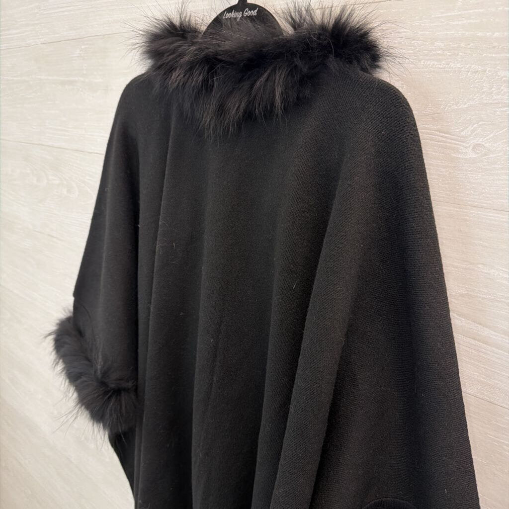 Dolce Cabo Black Fur Lined Trim Wrap Jacket Top One Size