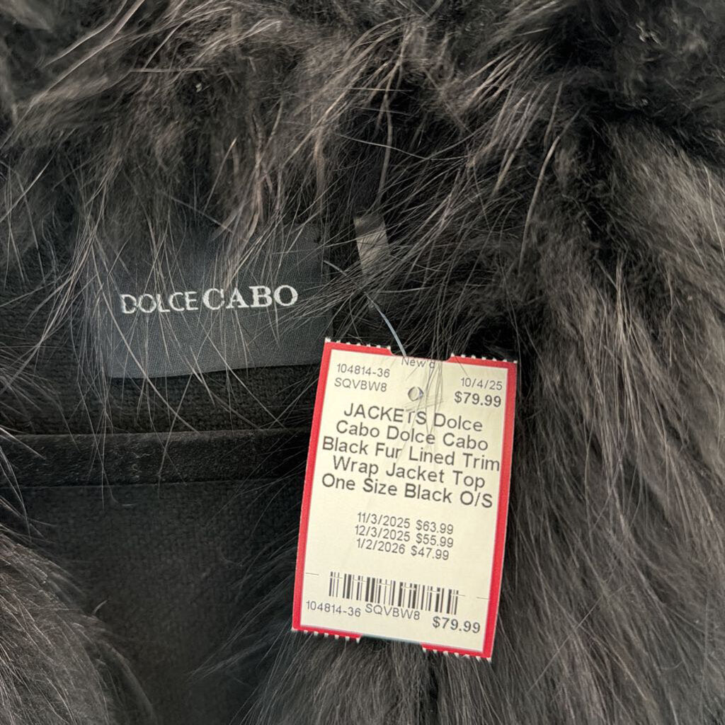Dolce Cabo Black Fur Lined Trim Wrap Jacket Top One Size