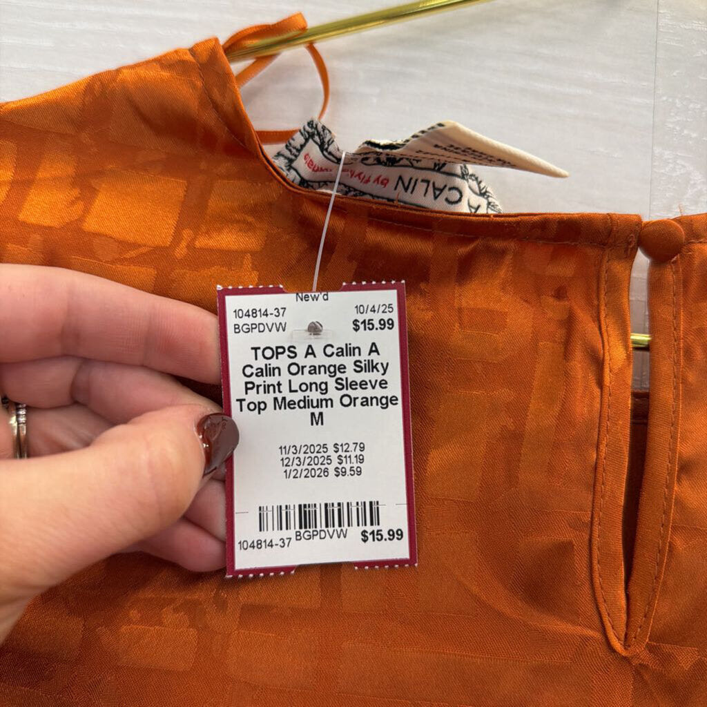 A Calin Orange Silky Print Long Sleeve Top Medium