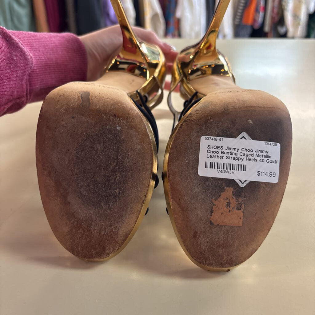 Jimmy Choo Bunting Caged Metallic Leather Strappy Heels 40