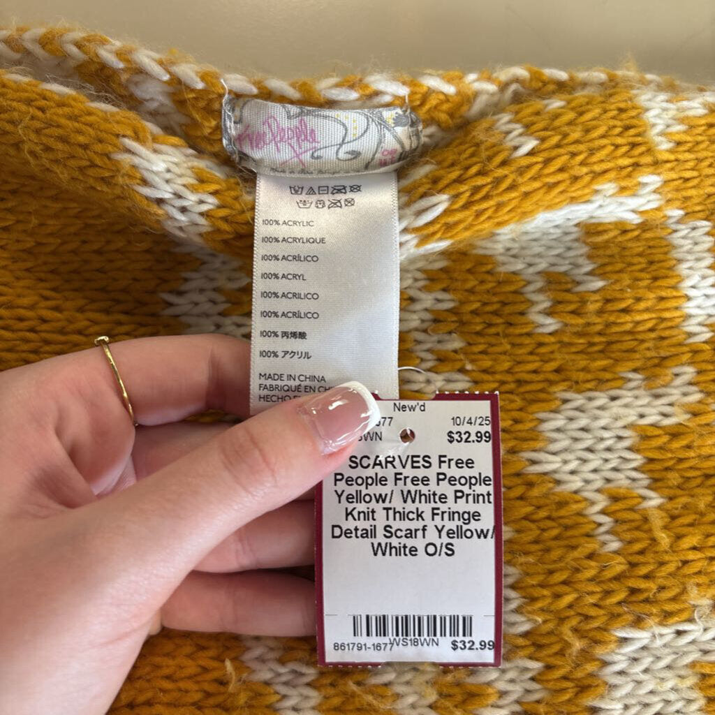 Free People Yellow/ White Print Knit Thick Fringe Detail Scarf