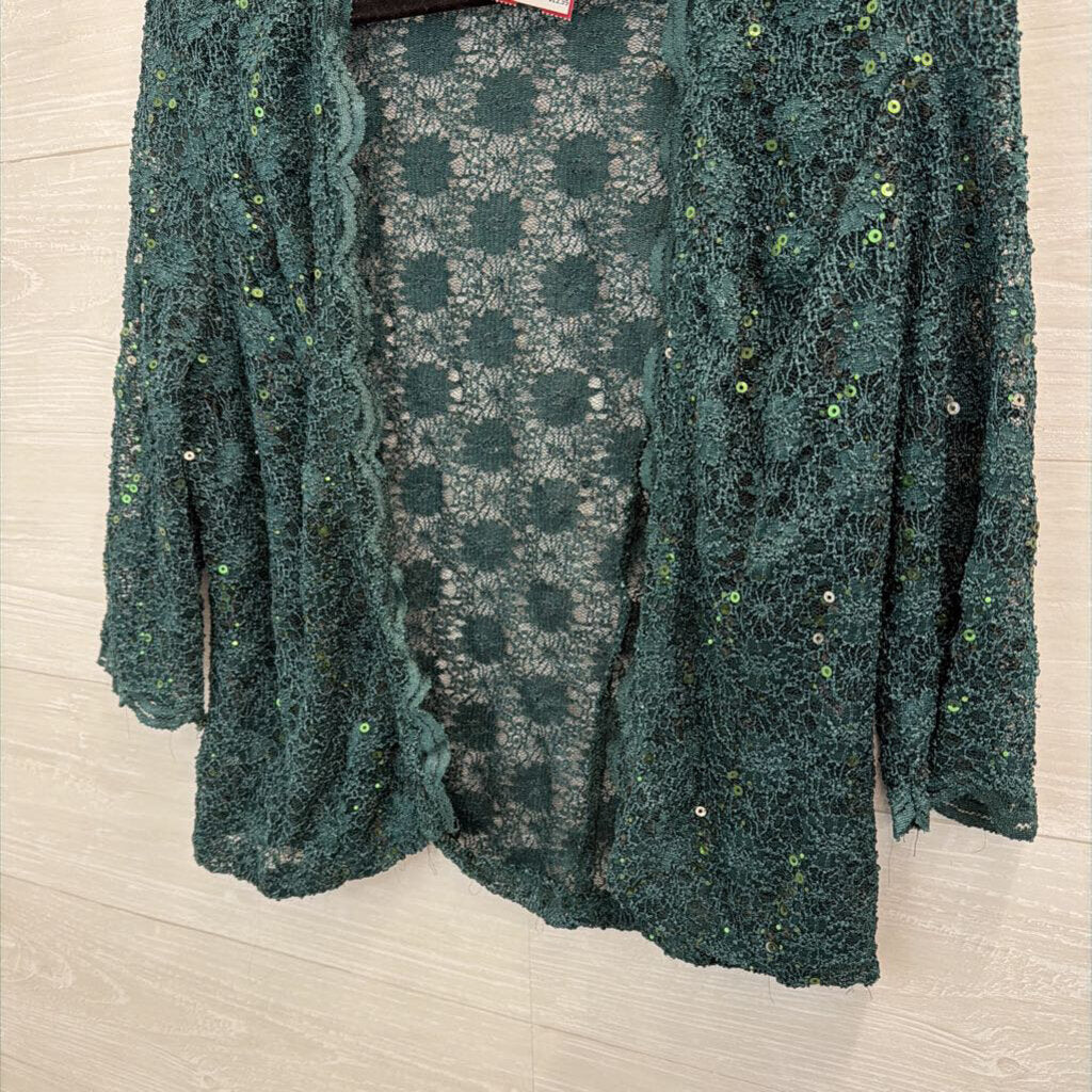 Green Sequin Lace Open Front Top Medium