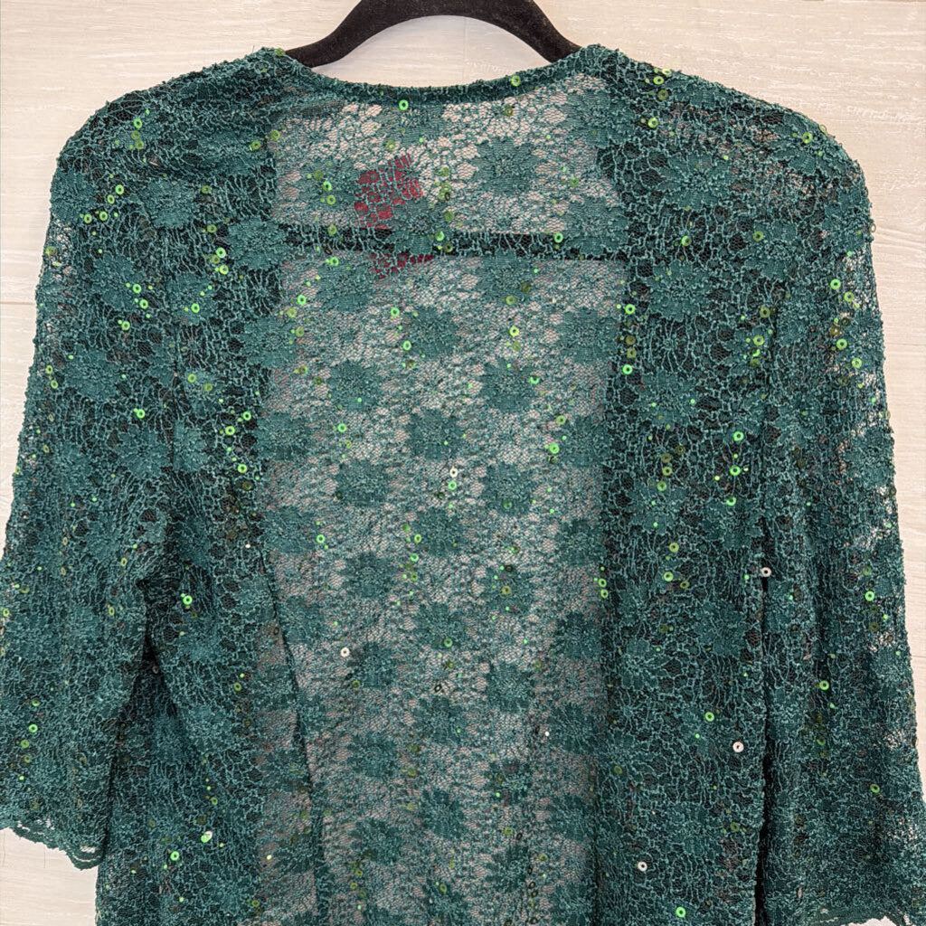 Green Sequin Lace Open Front Top Medium