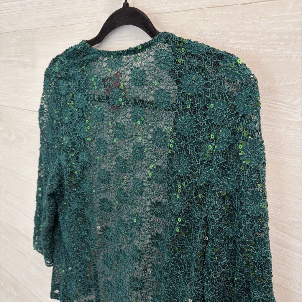 Green Sequin Lace Open Front Top Medium