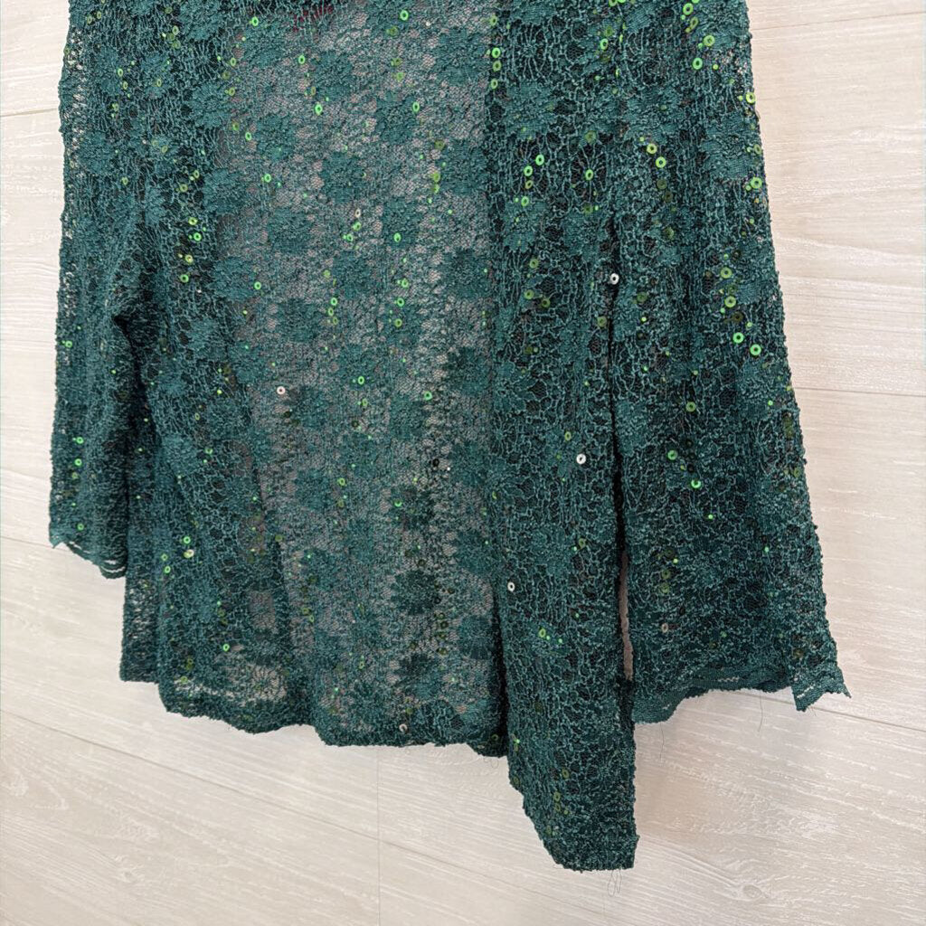 Green Sequin Lace Open Front Top Medium