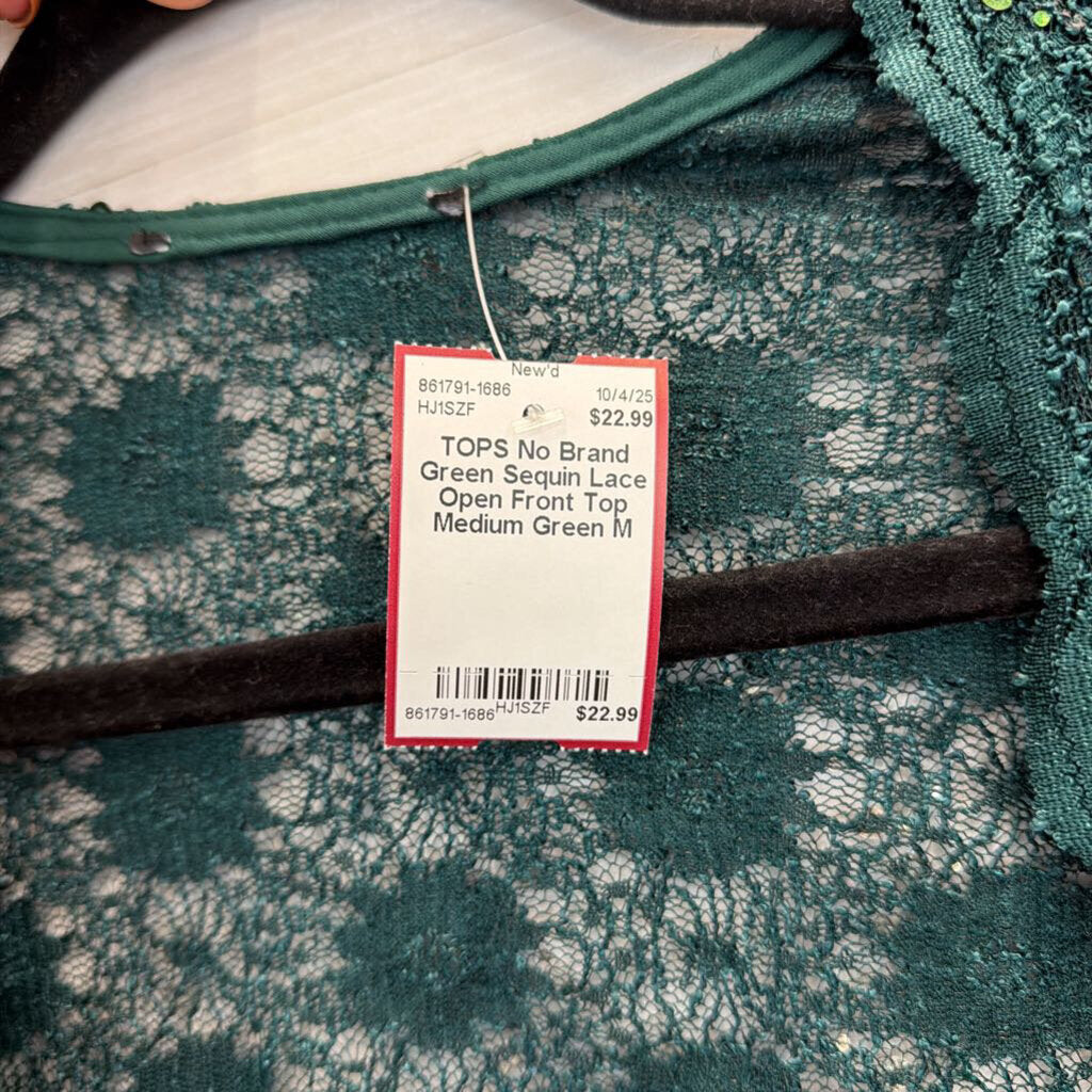 Green Sequin Lace Open Front Top Medium
