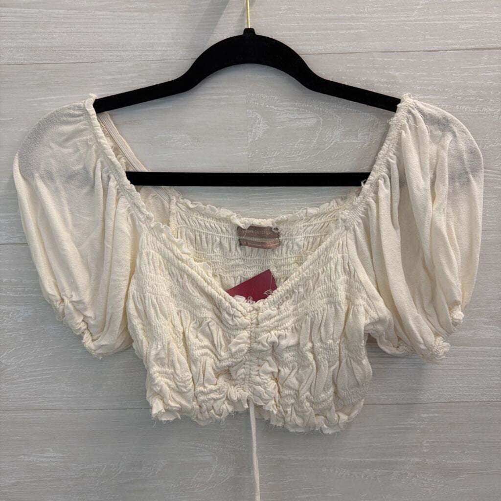 Urban Outfitters White Cropped Smocked Short Puff Sleeve Top Large