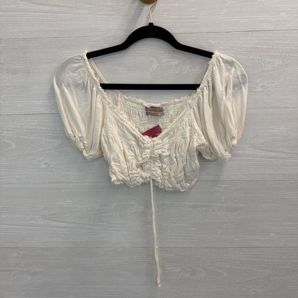 Urban Outfitters White Cropped Smocked Short Puff Sleeve Top Large