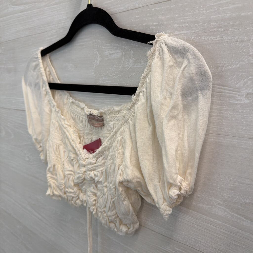 Urban Outfitters White Cropped Smocked Short Puff Sleeve Top Large