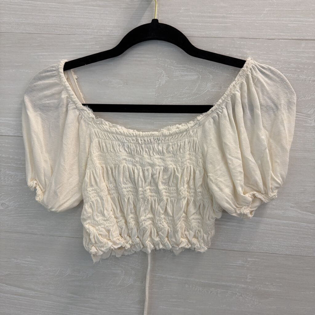 Urban Outfitters White Cropped Smocked Short Puff Sleeve Top Large