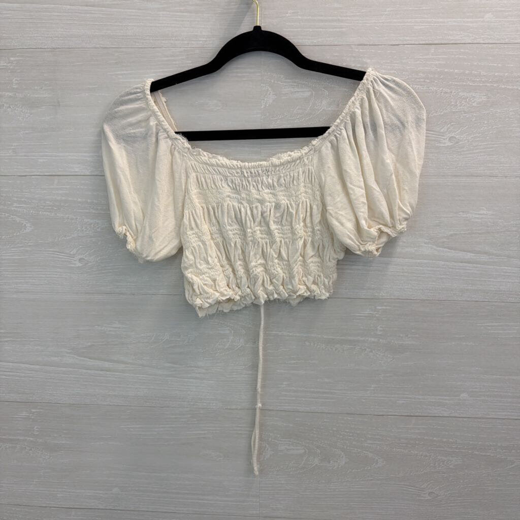 Urban Outfitters White Cropped Smocked Short Puff Sleeve Top Large