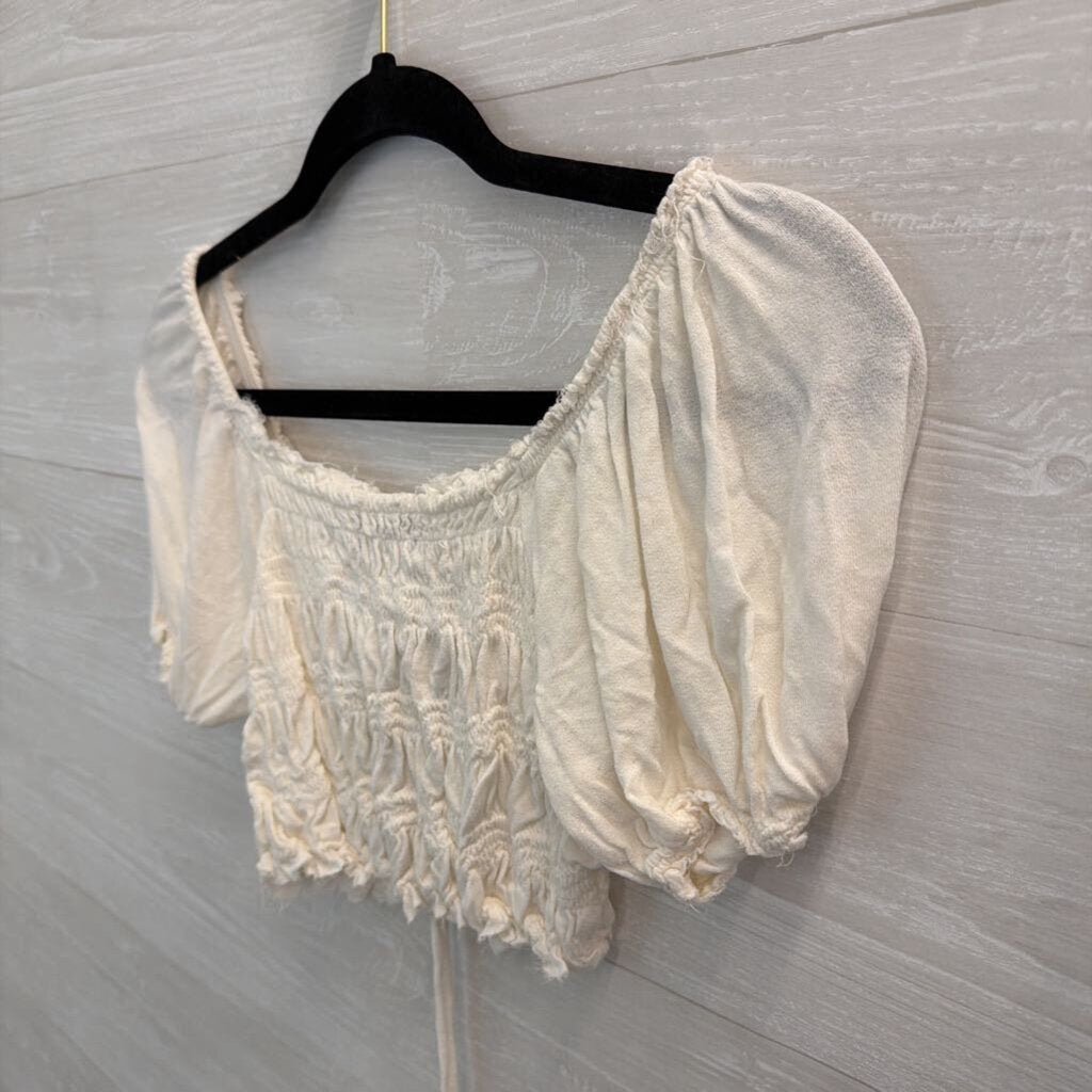 Urban Outfitters White Cropped Smocked Short Puff Sleeve Top Large