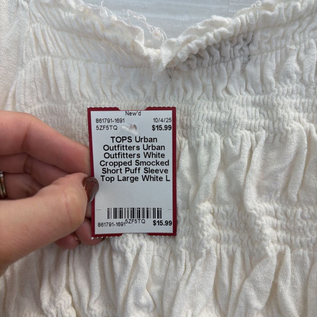 Urban Outfitters White Cropped Smocked Short Puff Sleeve Top Large