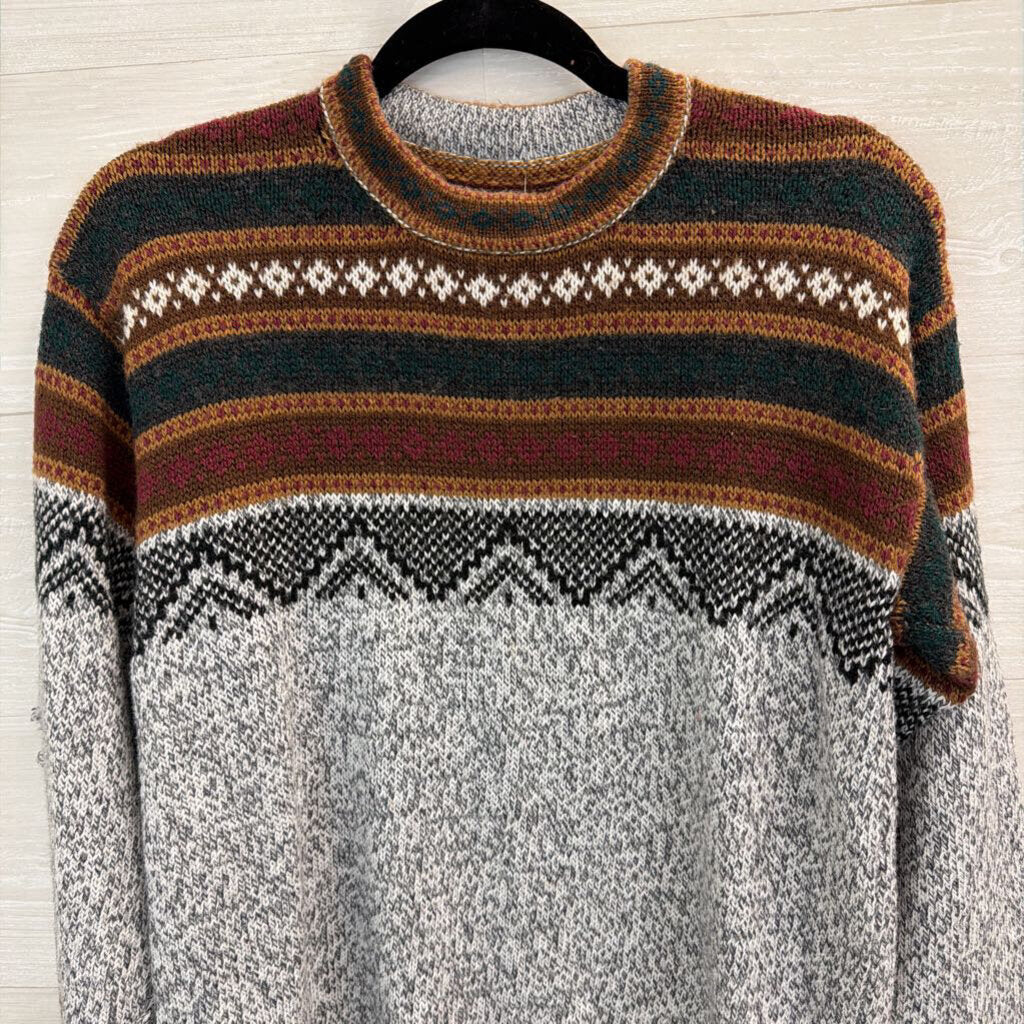 Grey/ Brown Print Knit Long Sleeve Sweater Top Small