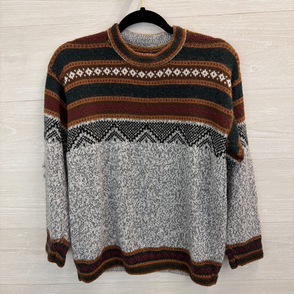 Grey/ Brown Print Knit Long Sleeve Sweater Top Small