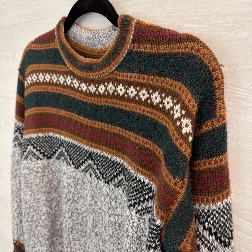 Grey/ Brown Print Knit Long Sleeve Sweater Top Small