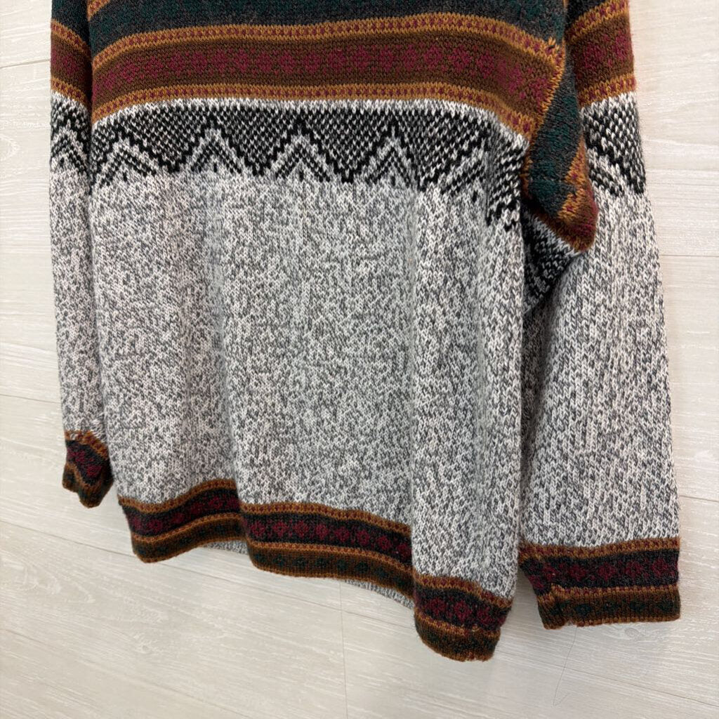 Grey/ Brown Print Knit Long Sleeve Sweater Top Small