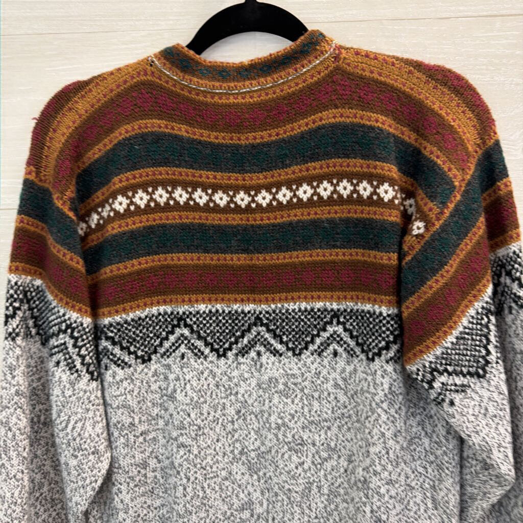 Grey/ Brown Print Knit Long Sleeve Sweater Top Small