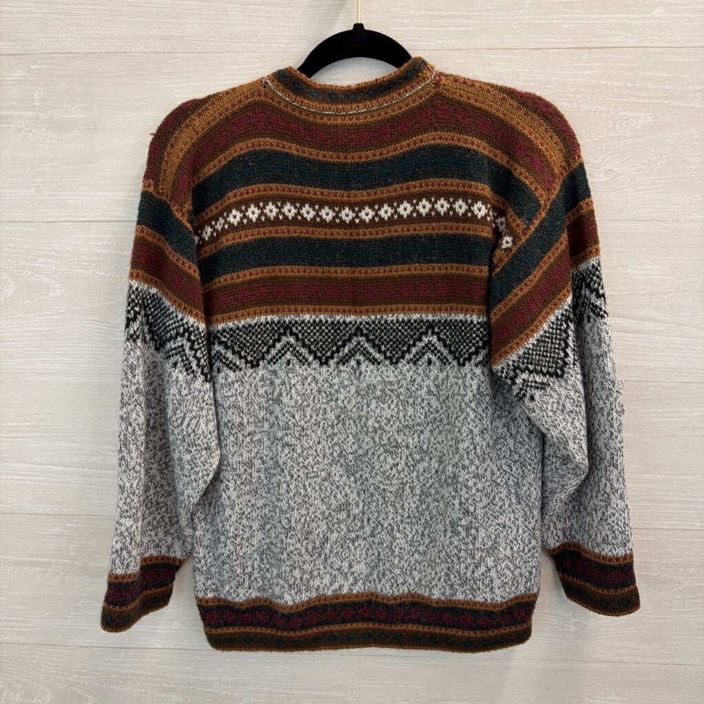 Grey/ Brown Print Knit Long Sleeve Sweater Top Small