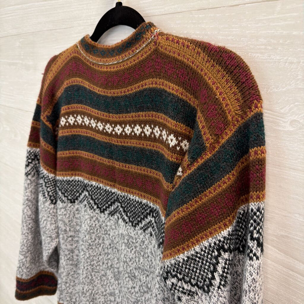 Grey/ Brown Print Knit Long Sleeve Sweater Top Small