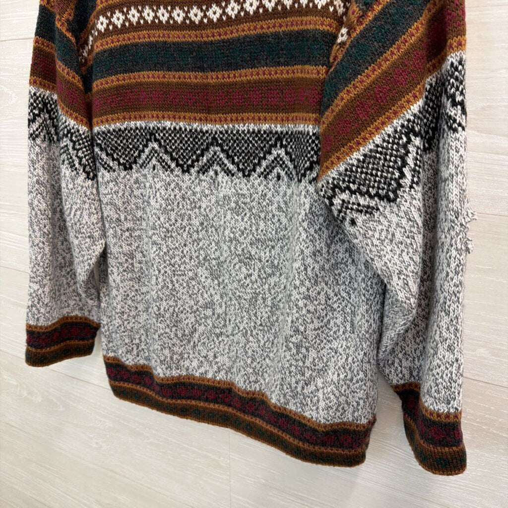 Grey/ Brown Print Knit Long Sleeve Sweater Top Small