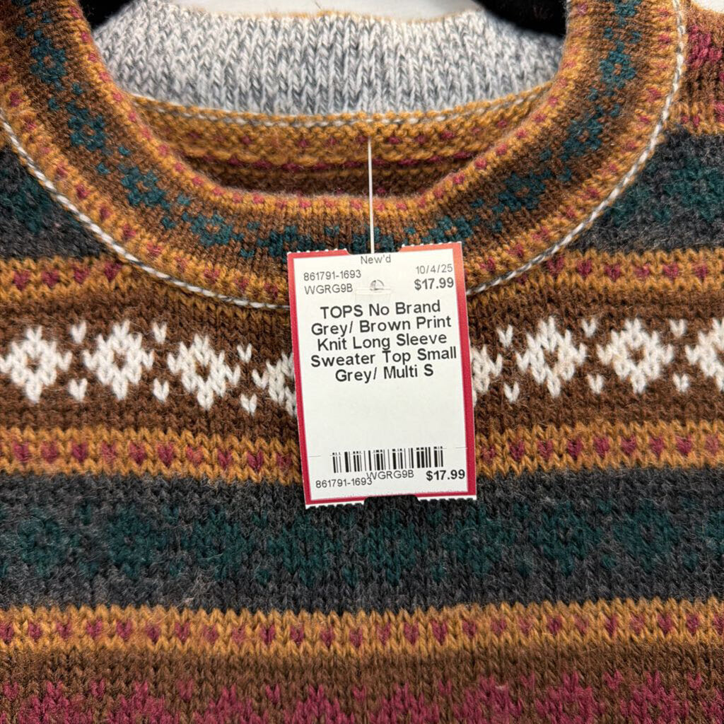 Grey/ Brown Print Knit Long Sleeve Sweater Top Small