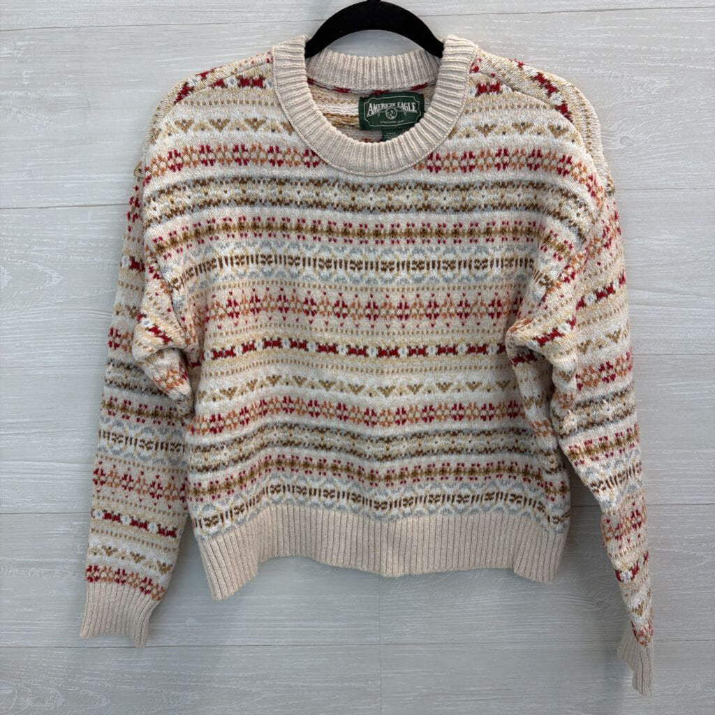 American Eagle White/ Multi Print Knit Long Sleeve Sweater Top Small