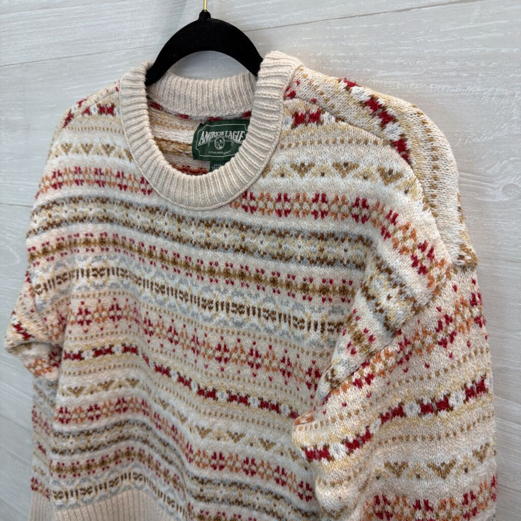 American Eagle White/ Multi Print Knit Long Sleeve Sweater Top Small