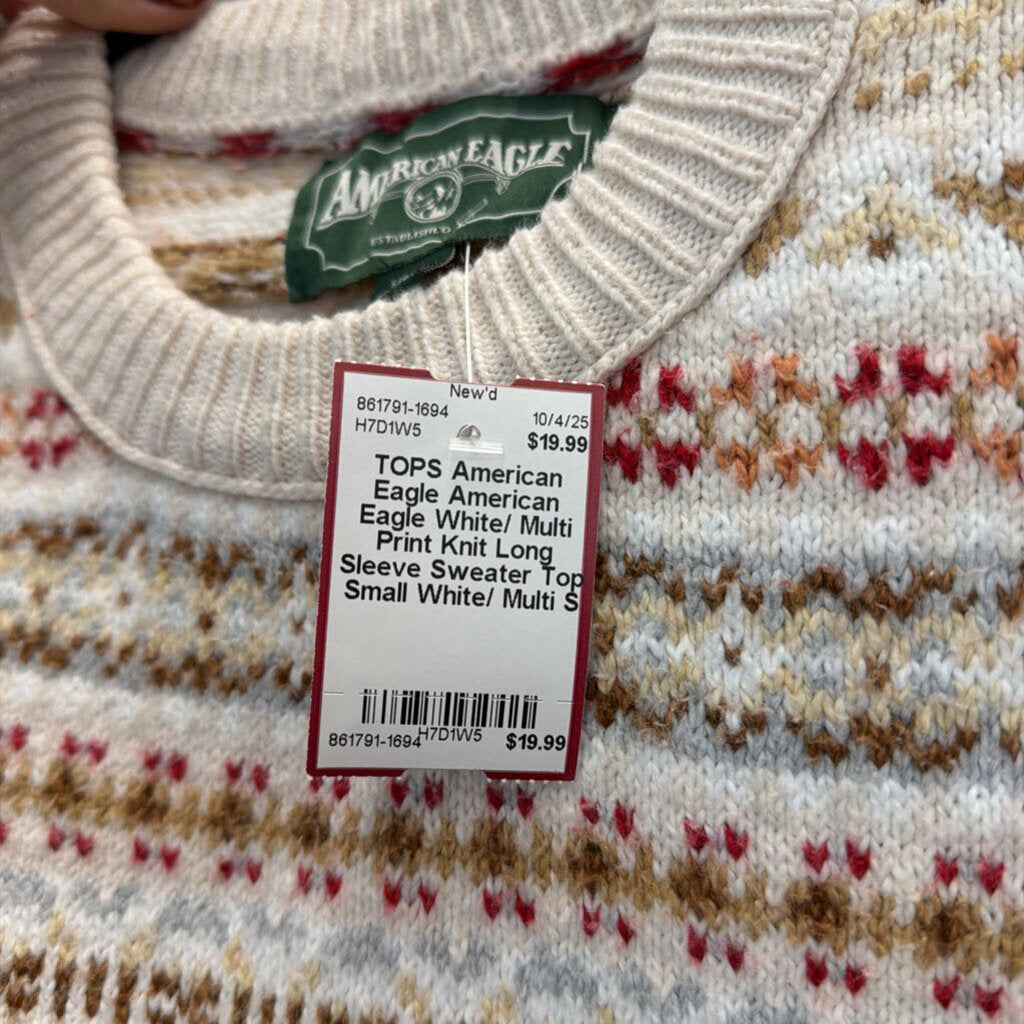 American Eagle White/ Multi Print Knit Long Sleeve Sweater Top Small