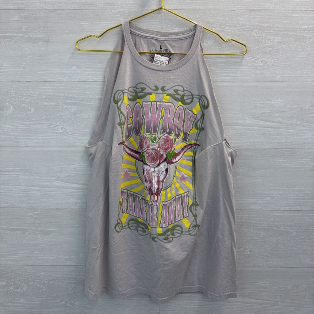 Goodie Two Sleeves Grey/ Multi Cowboy Sleeveless Distressed Graphic Tee Large